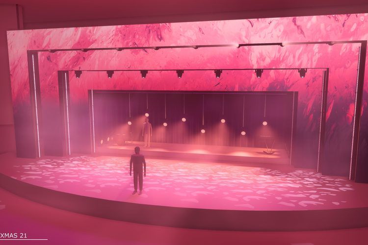 Pre-visualisation render of a pink theatrical set